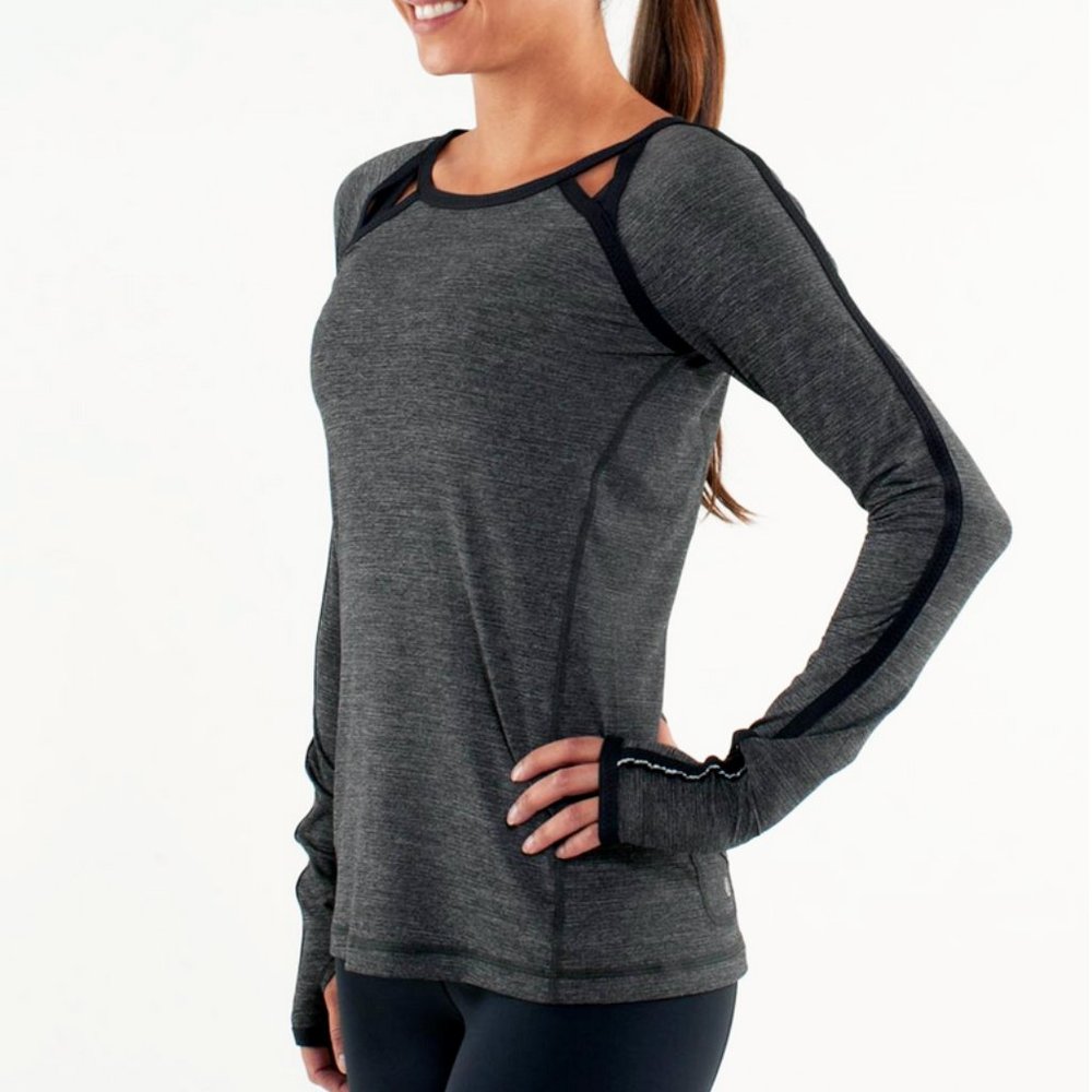 Lululemon Grey Long Sleeve Top w/Black Detail, FUN Cutouts & Reflective Trim - Picture 3 of 14